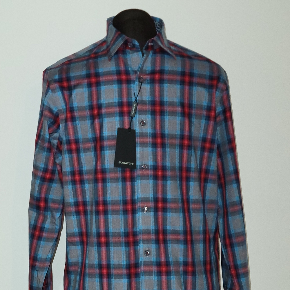 Bugatchi Mens Blue Red Plaid Long Sleeve Button Do